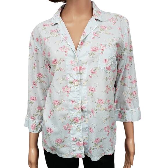 Lauren Ralph Lauren Pajama PJ Top Floral LRL Monogram Notch Collar Button Down M - Picture 1 of 9